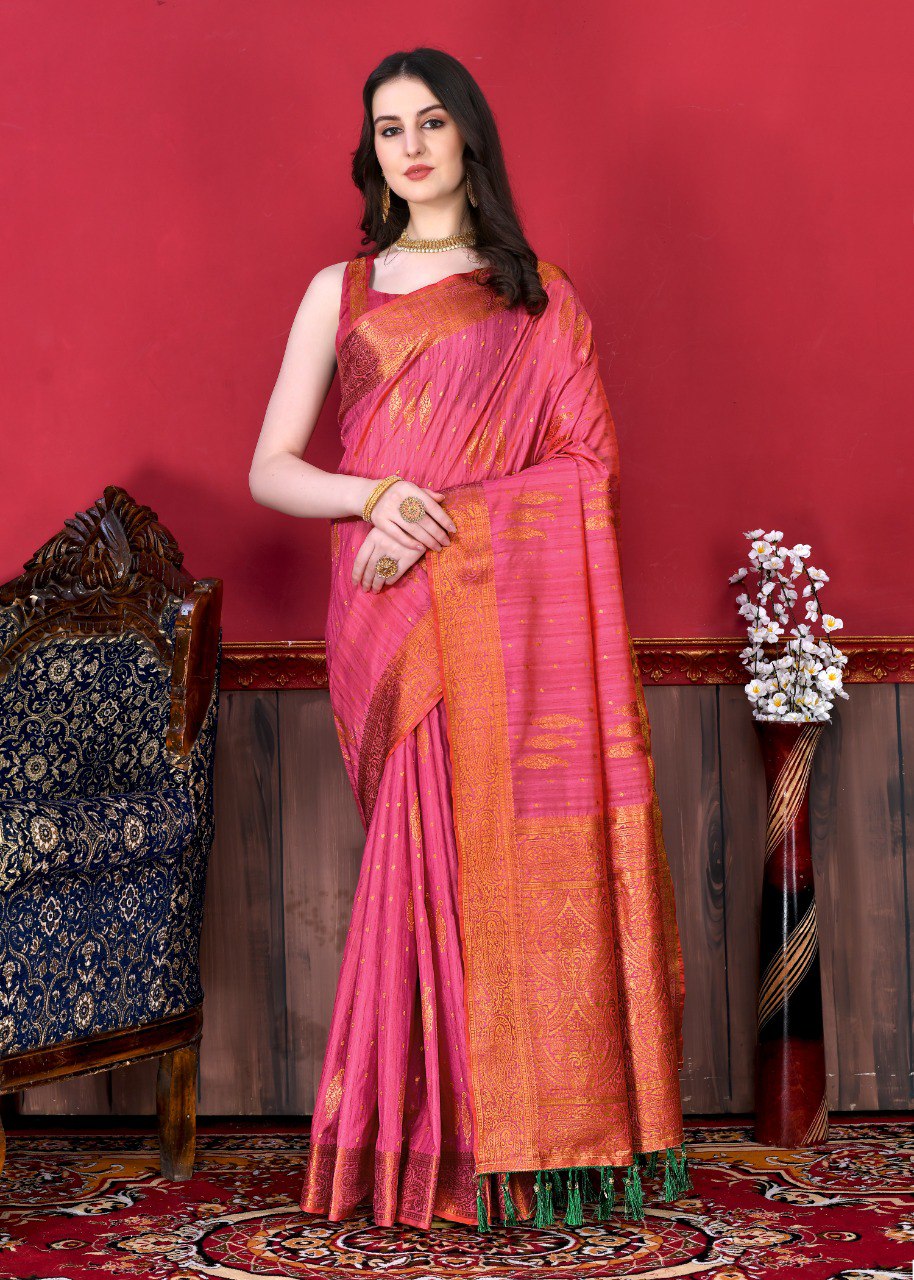 Adorable Pink Soft Banarasi Silk Saree With Incomparable Blouse Piece