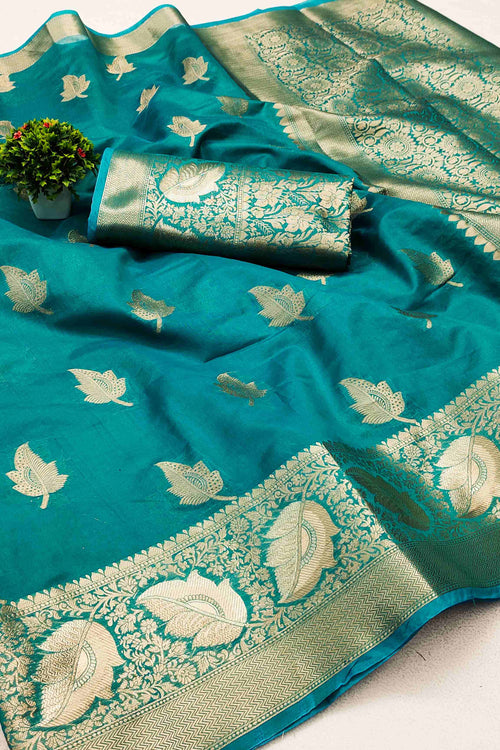 Load image into Gallery viewer, Phenomenal Firozi Organza Silk Saree With Redolent Blouse Piece
