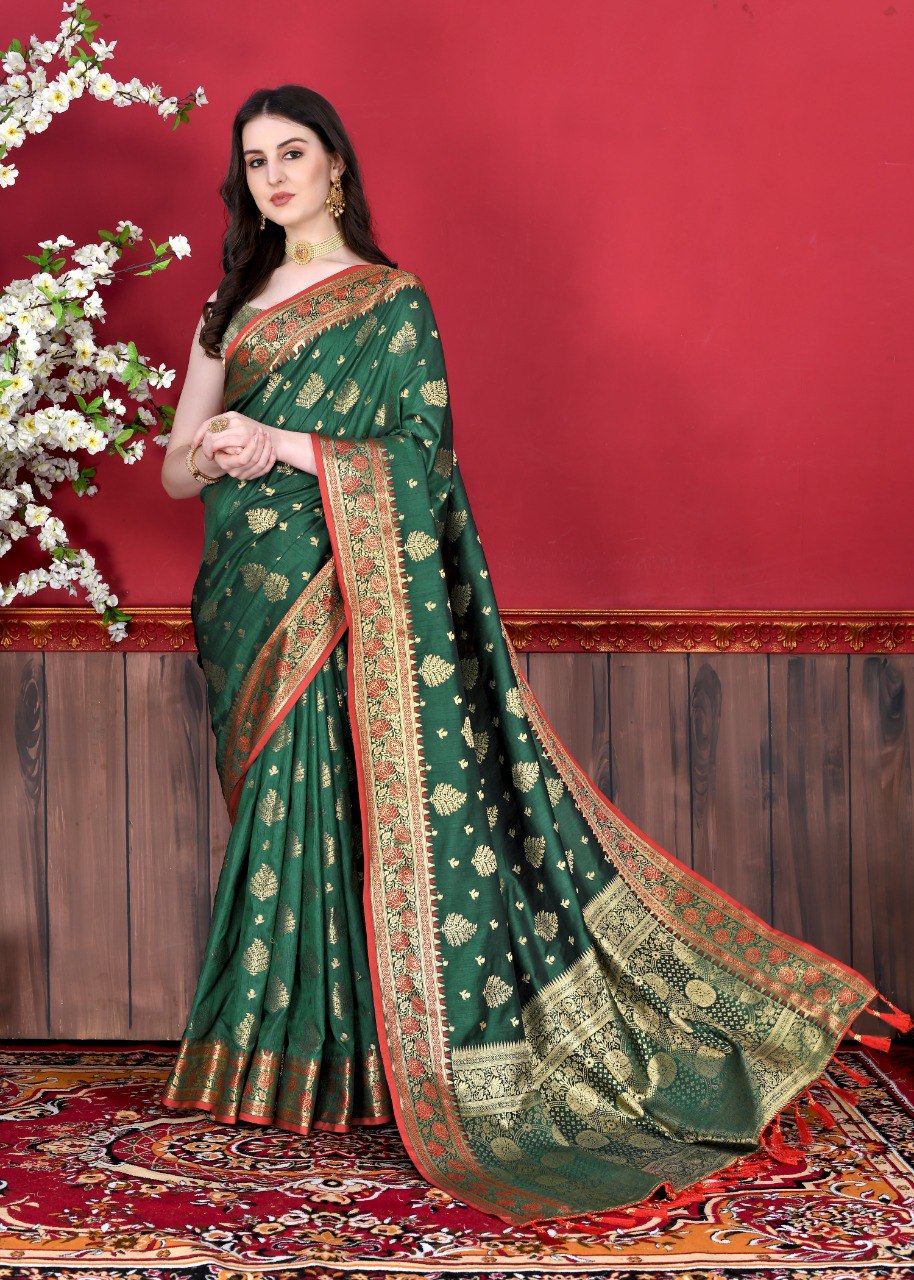 Buy Awrify Woven Banarasi Jacquard Dark Green Sarees Online @ Best Price In  India | Flipkart.com