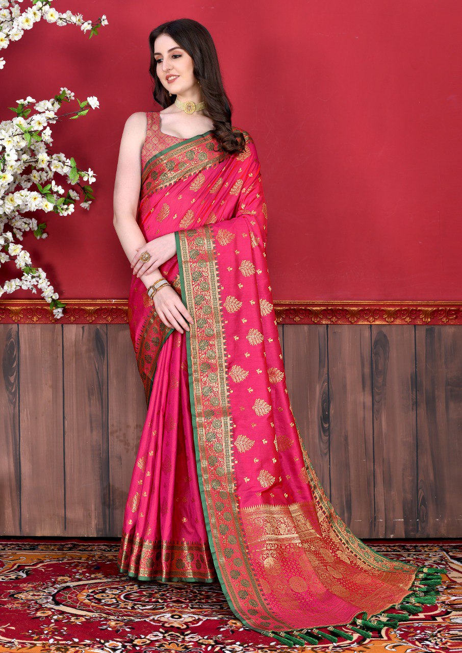 Buy online Soft Organza Banarasi saree with Banarasi Blouse - Dark Pink -AF274