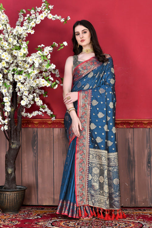 Load image into Gallery viewer, Mesmerising Navy Blue Banarasi Silk Saree With Pretty Blouse Piece
