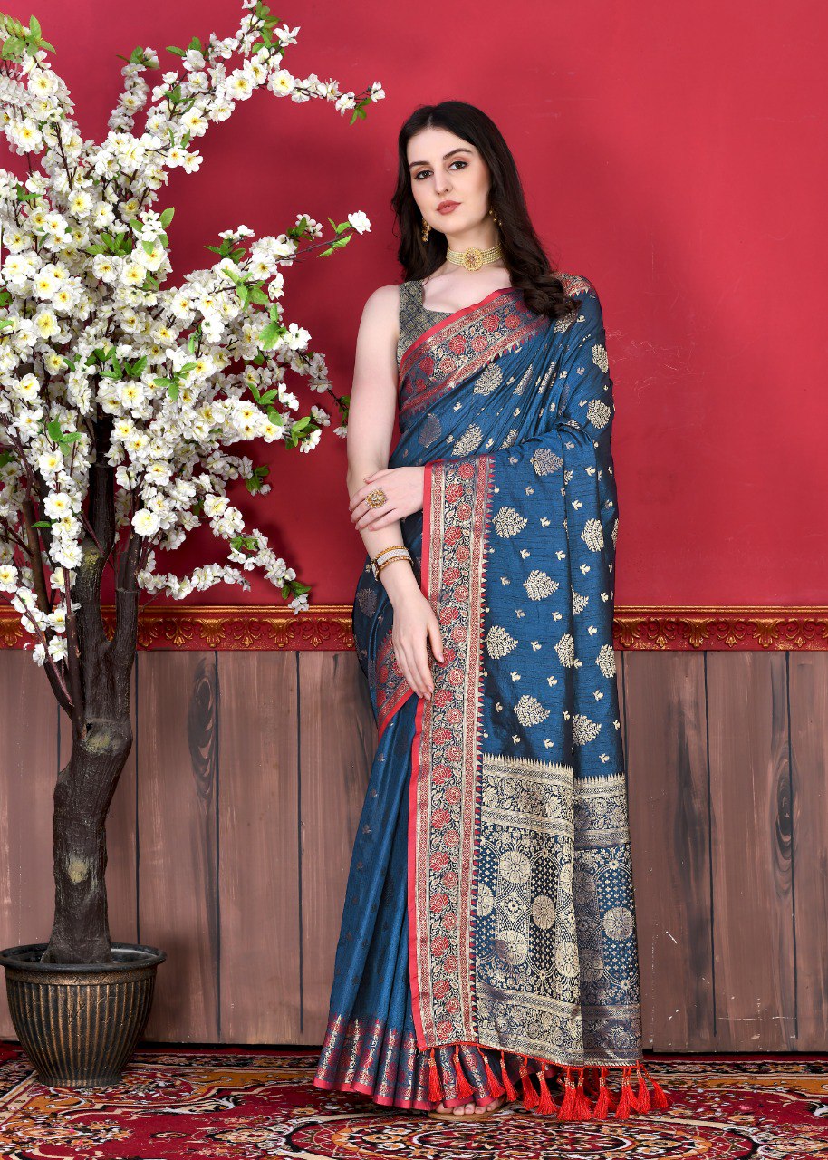 Mesmerising Navy Blue Banarasi Silk Saree With Pretty Blouse Piece