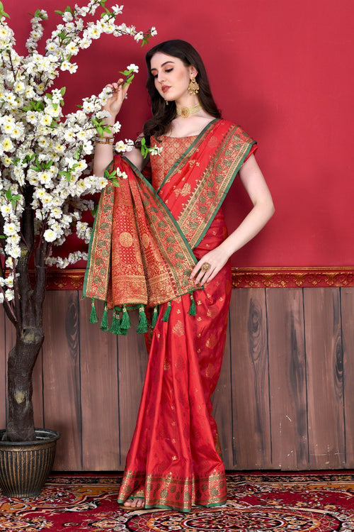 Malati' Red Pure Katan Silk Banarasi Handloom Saree - Tilfi