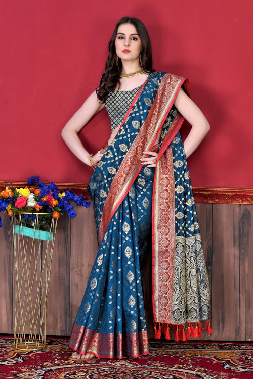 Load image into Gallery viewer, Designer Navy Blue Banarasi Silk Saree With Classic Blouse Piece
