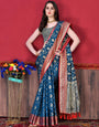Designer Navy Blue Banarasi Silk Saree With Classic Blouse Piece
