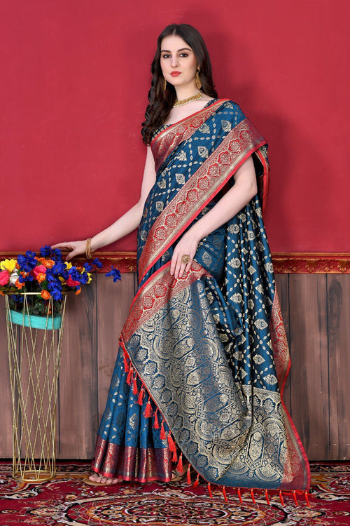 Load image into Gallery viewer, Designer Navy Blue Banarasi Silk Saree With Classic Blouse Piece
