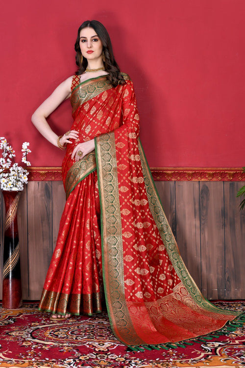 Glowing Red Banarasi Silk Saree With Pretty Blouse Piece – LajreeDesigner