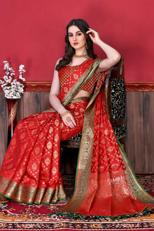 Load image into Gallery viewer, Blooming Red Banarasi Silk Saree With Classic Blouse Piece
