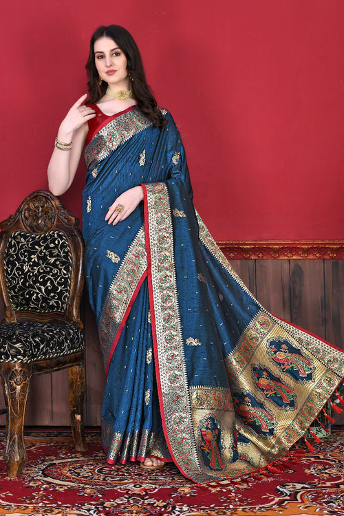Load image into Gallery viewer, Precious Blue Paithani Silk Saree With Fairytale Blouse Piece
