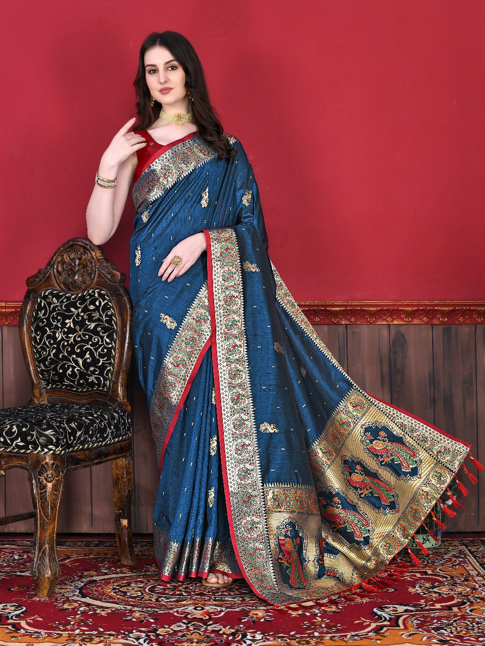 Precious Blue Paithani Silk Saree With Fairytale Blouse Piece
