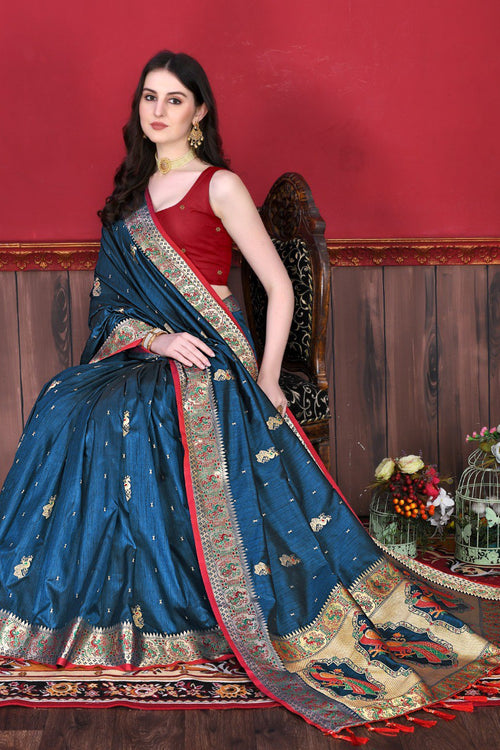 Load image into Gallery viewer, Precious Blue Paithani Silk Saree With Fairytale Blouse Piece
