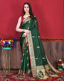 Innovative Dark Green Paithani Silk Saree With Ethnic Blouse Piece