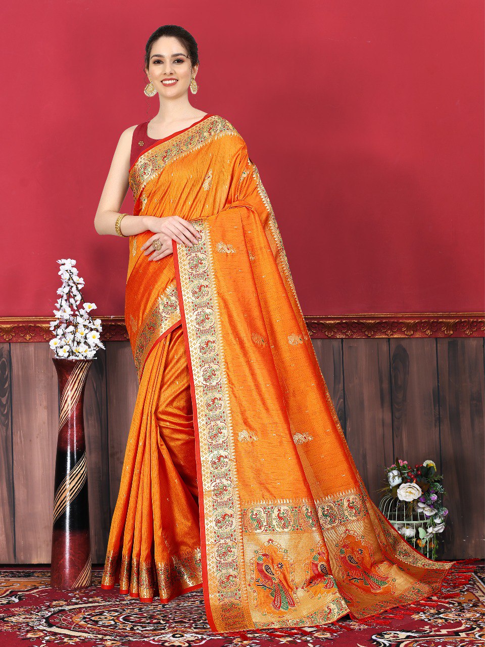 Invaluable Orange Paithani Silk Saree With Bewitching Blouse Piece