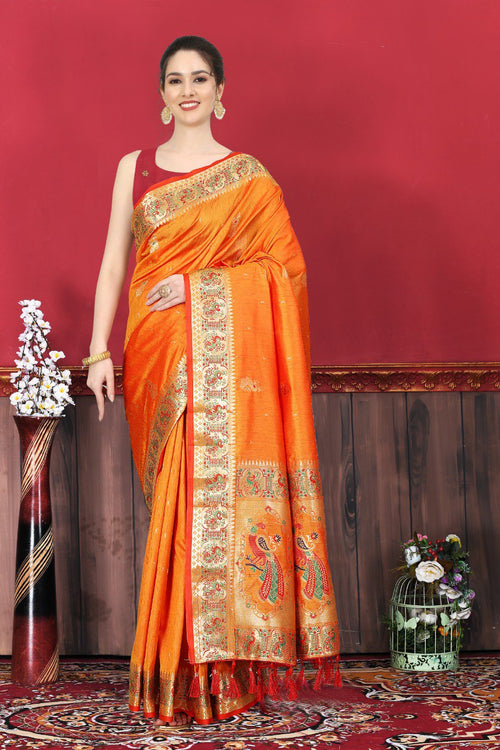 Load image into Gallery viewer, Invaluable Orange Paithani Silk Saree With Bewitching Blouse Piece
