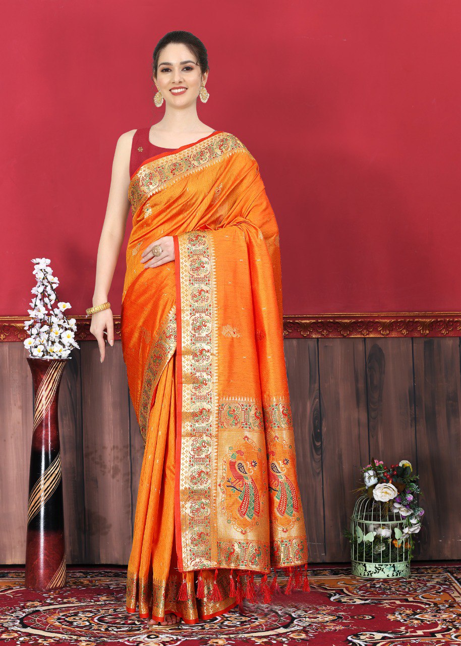 Invaluable Orange Paithani Silk Saree With Bewitching Blouse Piece