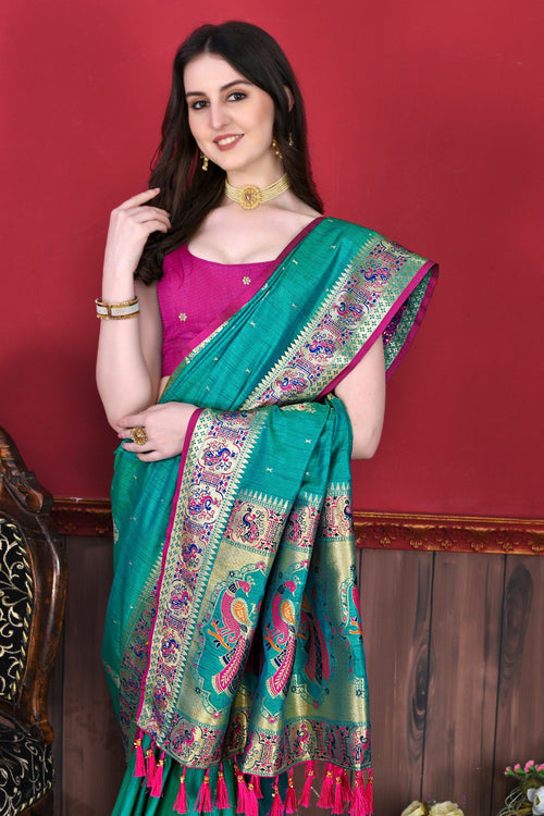 Load image into Gallery viewer, Prominent Turquoise Paithani Silk Saree With Brood Blouse Piece
