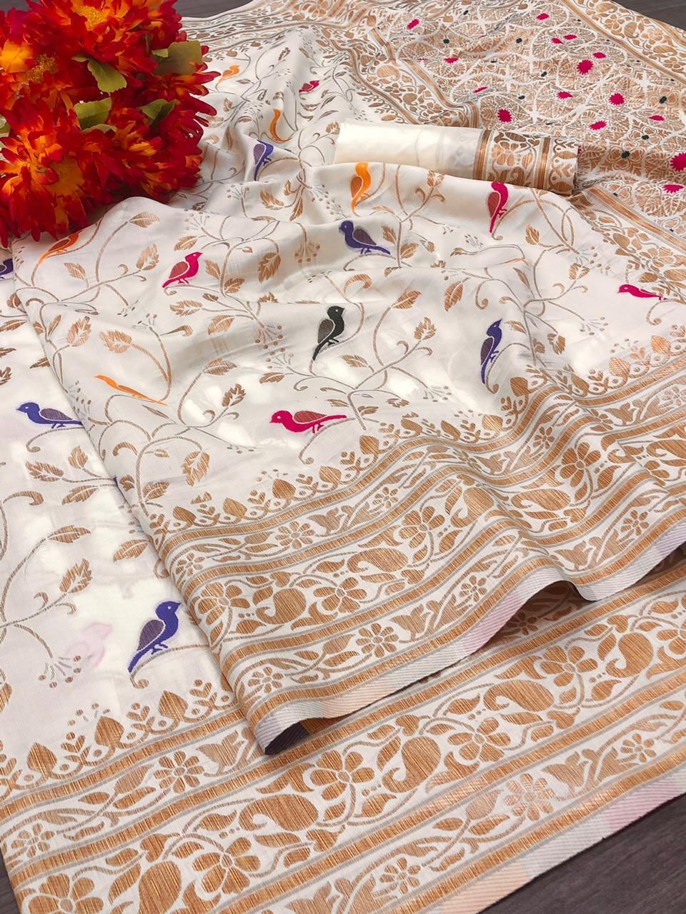 Amazing Beige Soft Banarasi Silk Saree With Panoply Blouse Piece