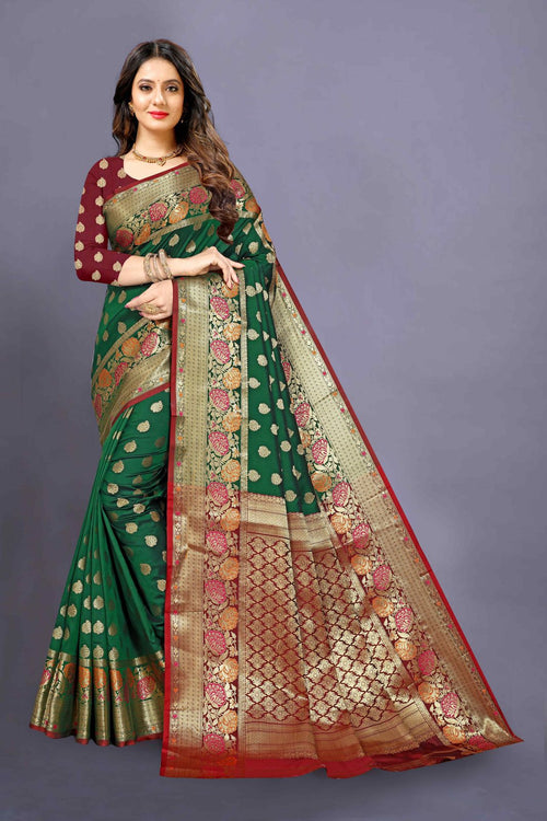 Load image into Gallery viewer, Redolent Dark Green Banarasi Silk Saree With Charming Blouse Piece
