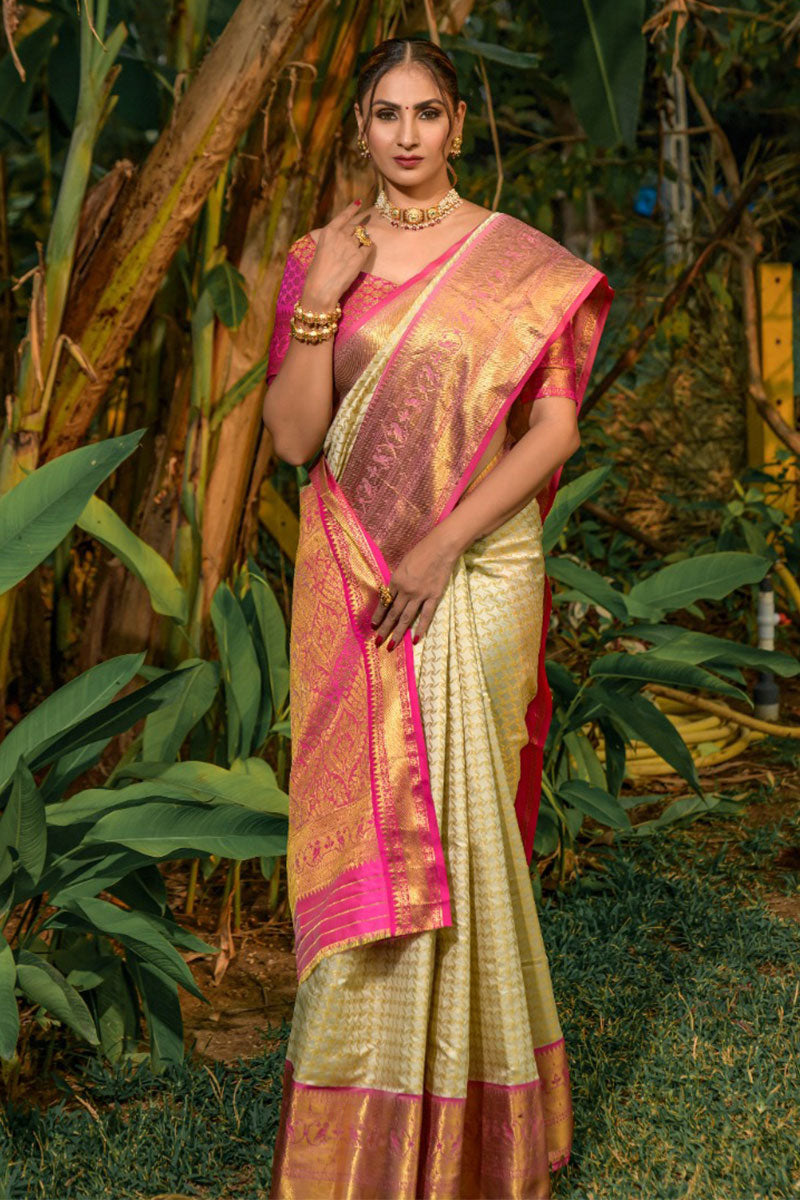 Precious Beige Soft Banarasi Silk Saree With Bewitching Blouse Piece