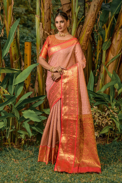 Energetic Pink Soft Banarasi Silk Saree With Bewitching Blouse Piece
