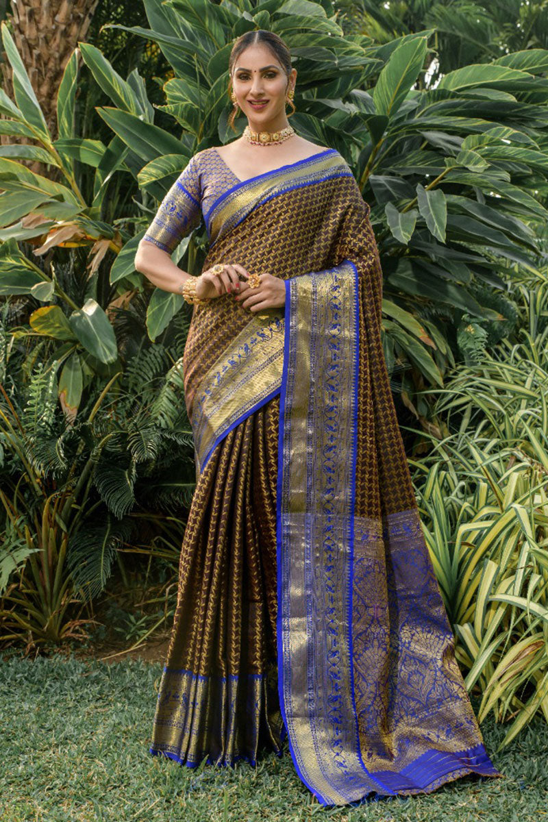 Flaunt Wine Soft Banarasi Silk Saree With Bewitching Blouse Piece