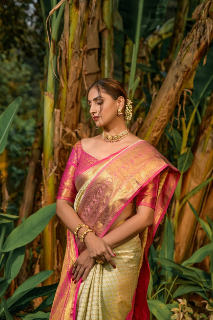 Precious Beige Soft Banarasi Silk Saree With Bewitching Blouse Piece