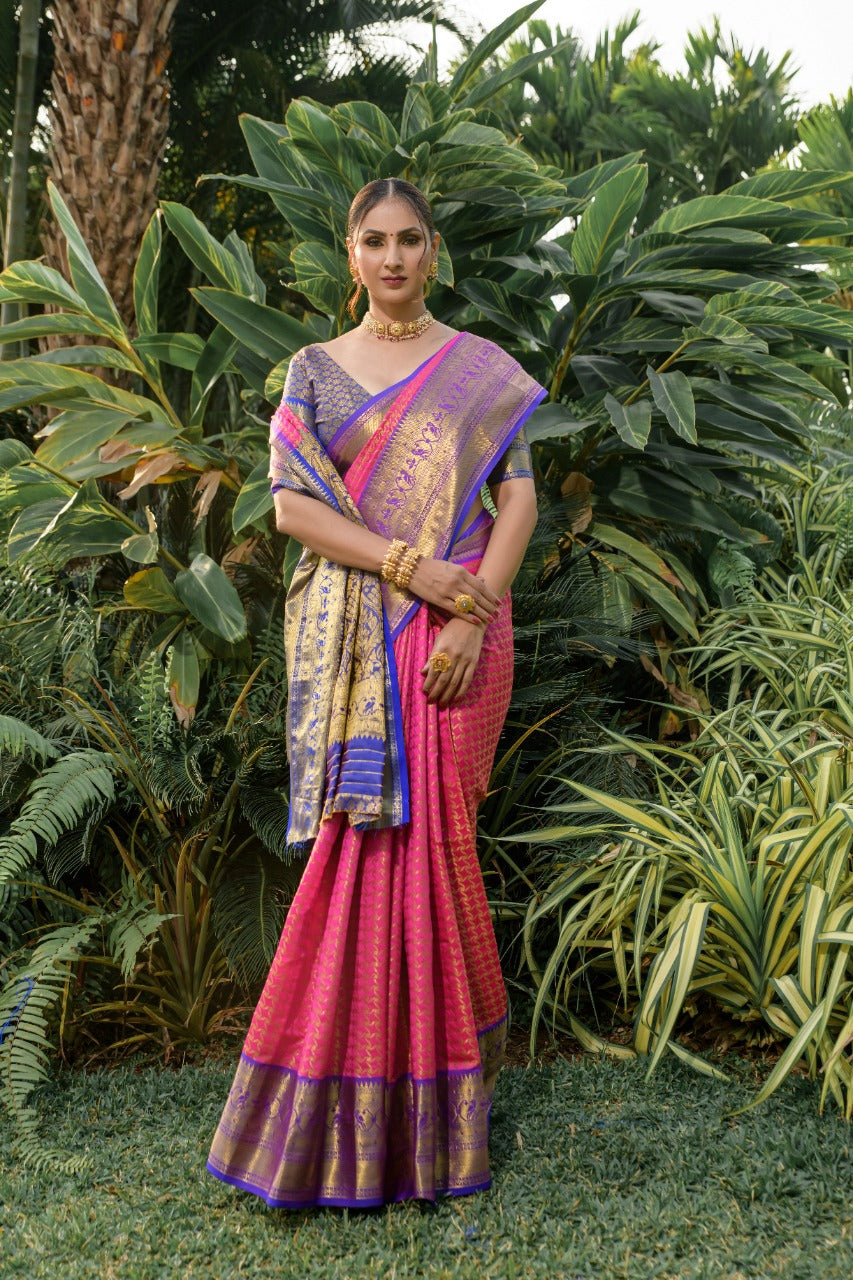 Lovely Dark Pink Soft Banarasi Silk Saree With Bewitching Blouse Piece