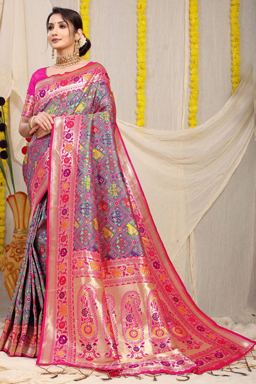 Load image into Gallery viewer, Confounding Grey Paithani Silk Saree With Blooming Blouse Piece
