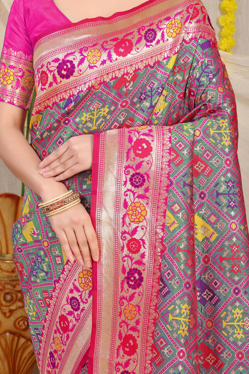 Load image into Gallery viewer, Confounding Grey Paithani Silk Saree With Blooming Blouse Piece
