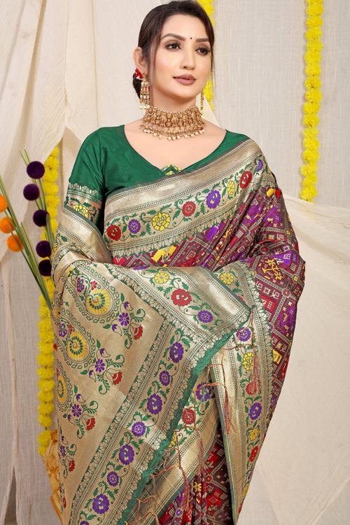 Load image into Gallery viewer, Surreptitious Wine Paithani Silk Saree With Dalliance Blouse Piece
