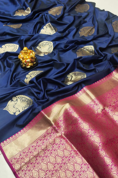 Designer Navy Blue Banarasi Silk Saree With Radiant Blouse Piece