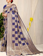Designer Navy Blue Kanjivaram Silk Saree With Glittering Blouse Piece
