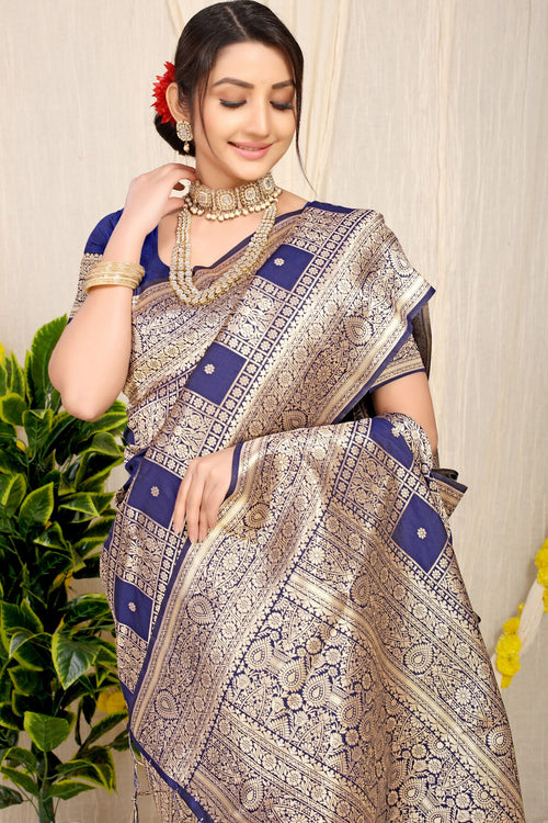 Load image into Gallery viewer, Designer Navy Blue Kanjivaram Silk Saree With Glittering Blouse Piece
