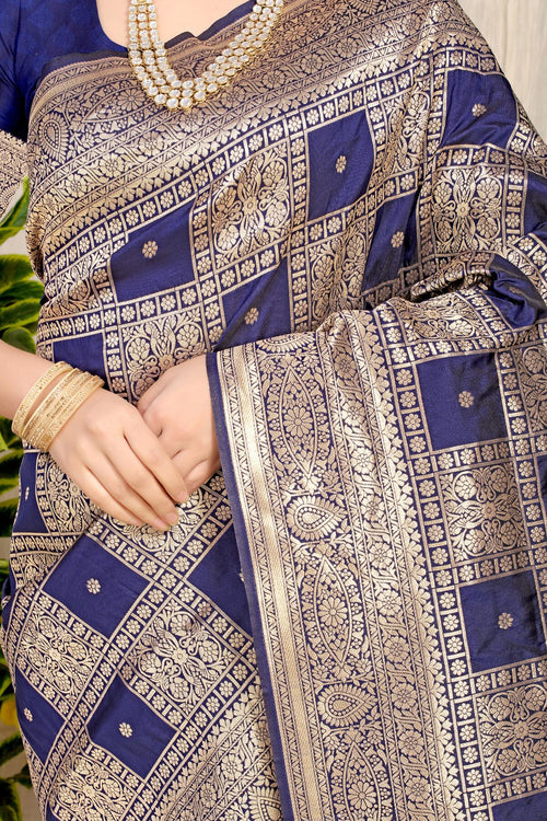 Load image into Gallery viewer, Designer Navy Blue Kanjivaram Silk Saree With Glittering Blouse Piece
