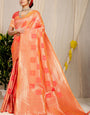 Dazzling Peach Kanjivaram Silk Saree With Glittering Blouse Piece