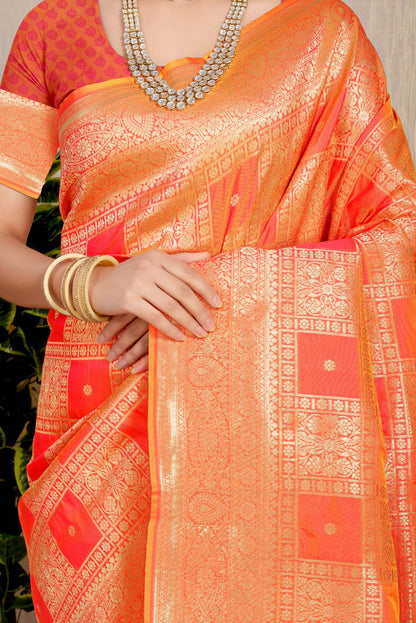 Dazzling Peach Kanjivaram Silk Saree With Glittering Blouse Piece