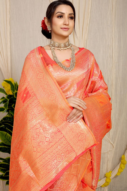 Dazzling Peach Kanjivaram Silk Saree With Glittering Blouse Piece