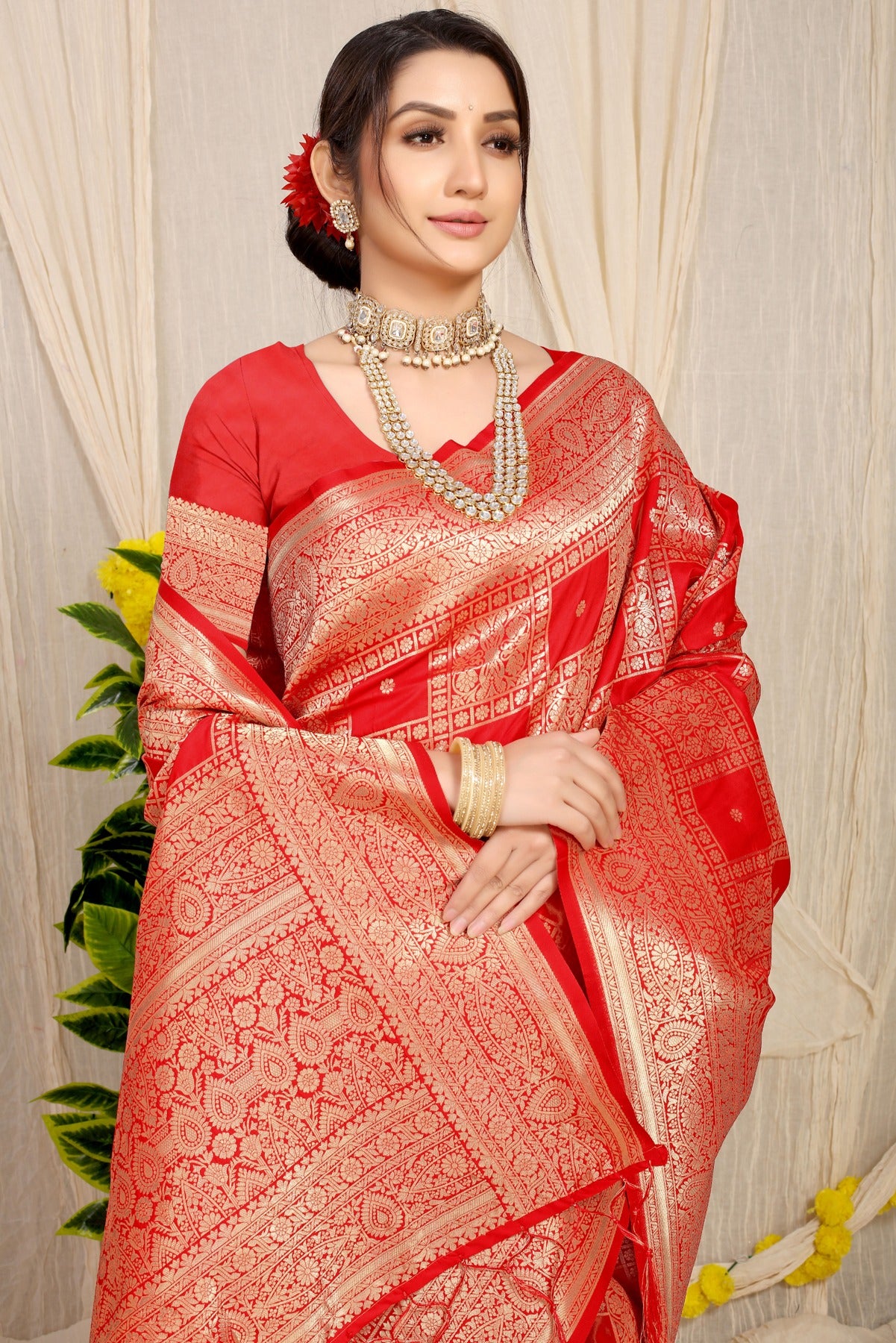 Deserving Red Kanjivaram Silk Saree With Glittering Blouse Piece