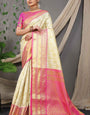 Classy Beige Soft Banarasi Silk Saree With Divine Blouse Piece