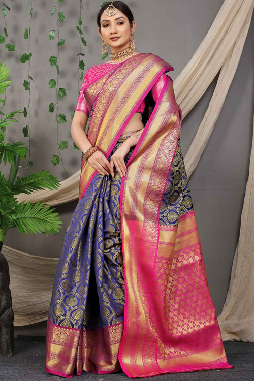 Load image into Gallery viewer, Breathtaking Navy Blue Soft Banarasi Silk Saree With Divine Blouse Piece
