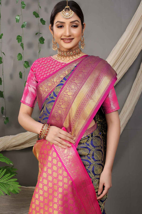 Load image into Gallery viewer, Breathtaking Navy Blue Soft Banarasi Silk Saree With Divine Blouse Piece
