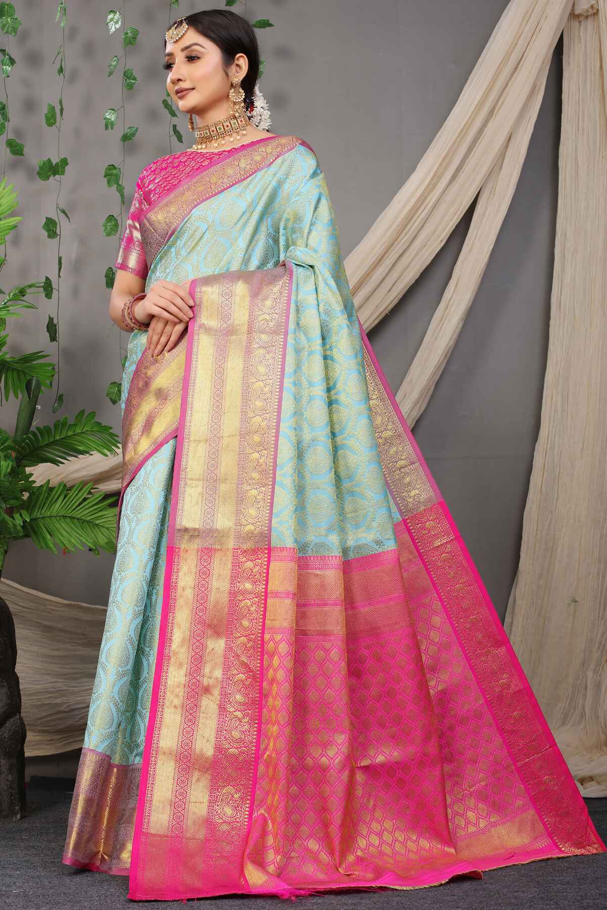 Prominent Sky Soft Banarasi Silk Saree With Divine Blouse Piece