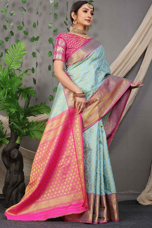 Load image into Gallery viewer, Prominent Sky Soft Banarasi Silk Saree With Divine Blouse Piece
