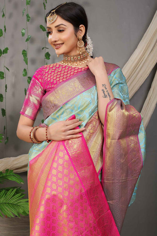 Load image into Gallery viewer, Prominent Sky Soft Banarasi Silk Saree With Divine Blouse Piece

