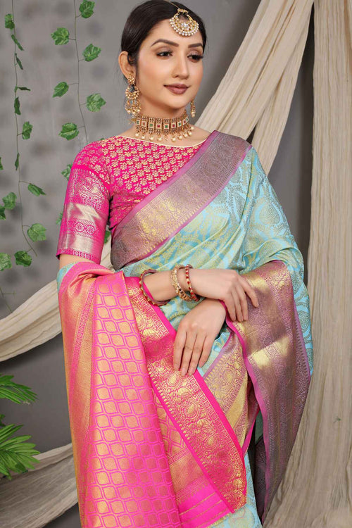 Load image into Gallery viewer, Prominent Sky Soft Banarasi Silk Saree With Divine Blouse Piece

