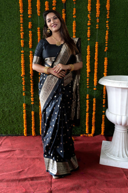 Trendy Black Banarasi Silk Saree With Most Traditional Blouse Piece