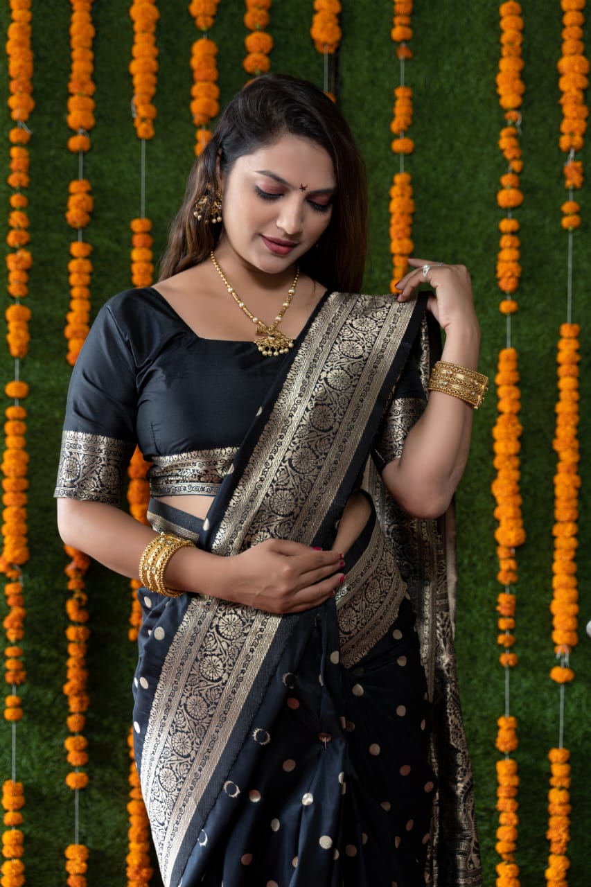 Trendy Black Banarasi Silk Saree With Most Traditional Blouse Piece