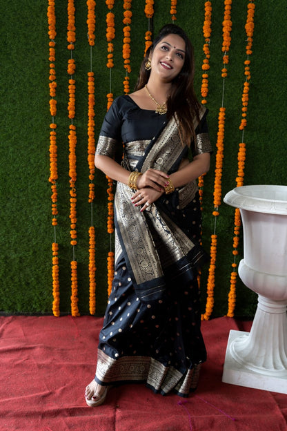 Trendy Black Banarasi Silk Saree With Most Traditional Blouse Piece