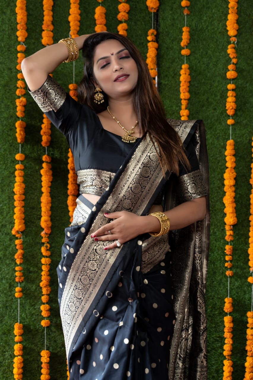 Trendy Black Banarasi Silk Saree With Most Traditional Blouse Piece