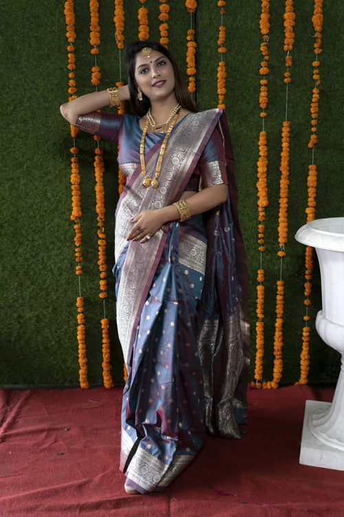 Load image into Gallery viewer, Unequalled Grey Banarasi Silk Saree With Most Traditional Blouse Piece
